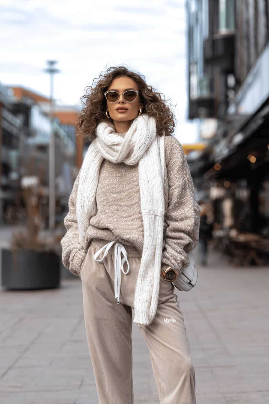 Frau in gemütlichem Winteroutfit mit beigem Pullover, weißem Schal und Jogpants