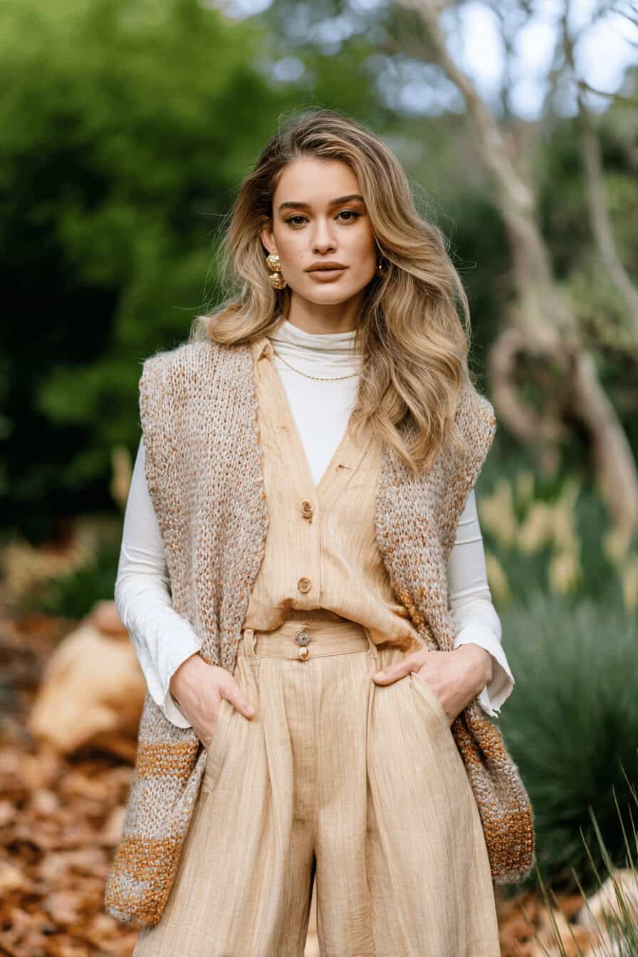 Frau in gestrickter Weste, weiter Stoffhose und Langarmshirt bei herbstlicher Gartenkulisse