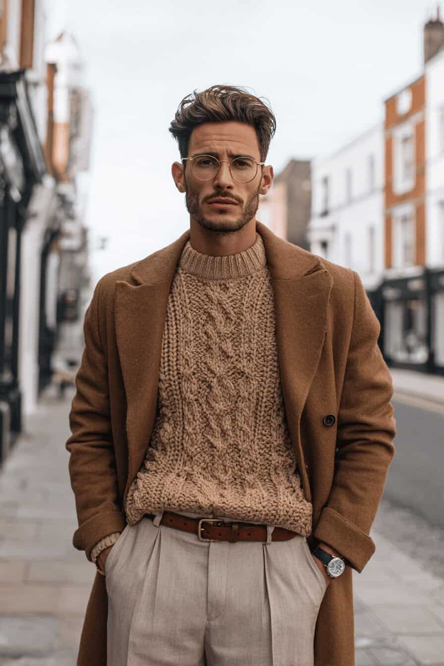 Mann trägt dicken Strickpullover, hellbeige Bundfaltenhose und kamelfarbenen Mantel auf der Straße