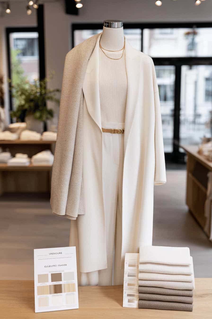 Schaufensterpuppe mit elegantem Outfit in warmen Weiß- und Beigetönen, daneben Stoffmuster und Farbkarte