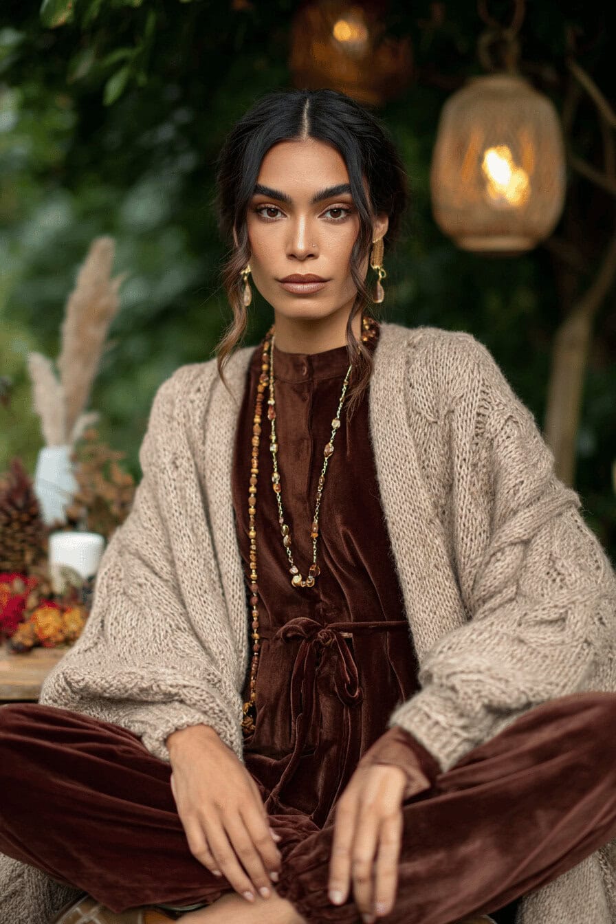 Frau in einem braunen Samt-Outfit mit grob gestricktem Poncho bei herbstlicher Gartenparty