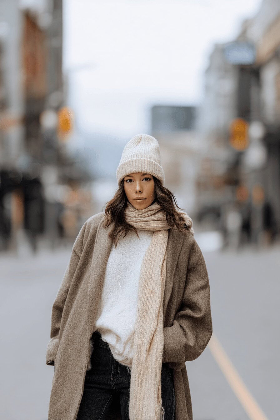 Frau in winterlichem Outfit mit Mantel, Mütze und Schal in einer Stadtstraße