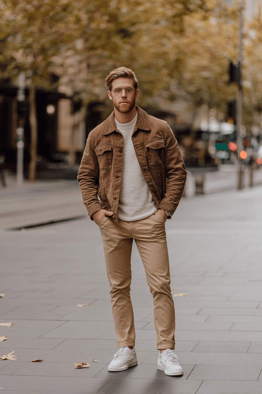 Mann mit brauner Cordjacke, hellem Henley-Shirt und khakifarbener Hose auf einer herbstlichen Stadtstraße