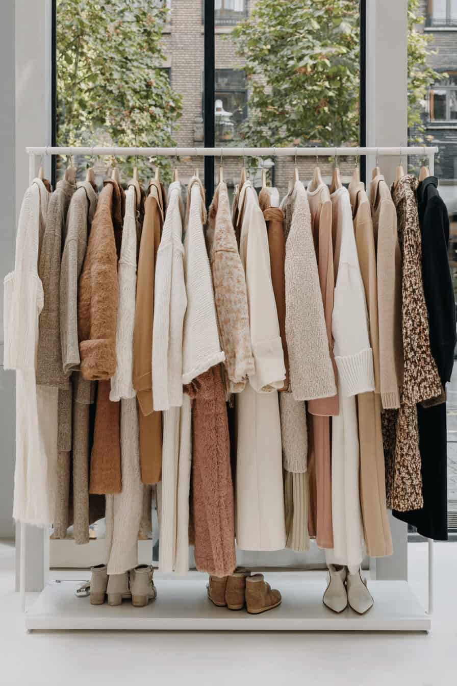 Herbstmode in Creme-, Beige- und Brauntönen auf einer Kleiderstange vor großen Fenstern