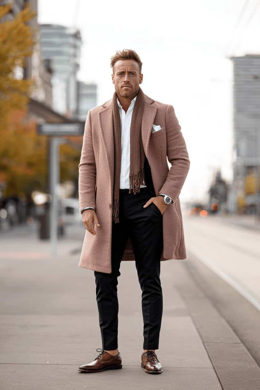 Ein Mann trägt einen braunen Herbstmantel über einem weißen Hemd und schwarzer Anzughose, kombiniert mit braunen Lederschuhen und Schal.