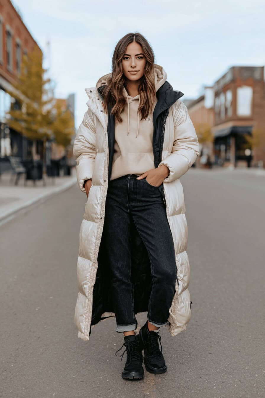 Frau trägt beigen Hoodie, lange Steppjacke, schwarze Jeans und Boots im winterlichen Streetstyle