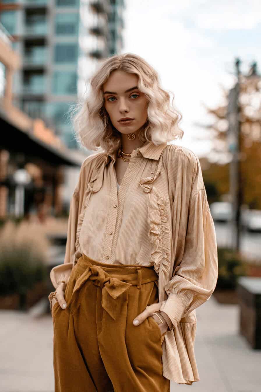 Frau in cremefarbener Bluse und ockerfarbener Hose in urbaner Herbstkulisse