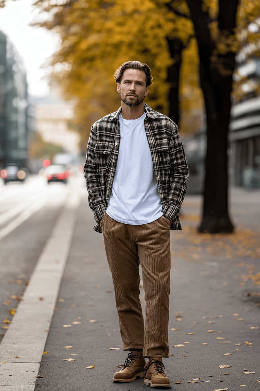 Mann in kariertem Overshirt, weißem T-Shirt und Cordhose bei herbstlicher Allee