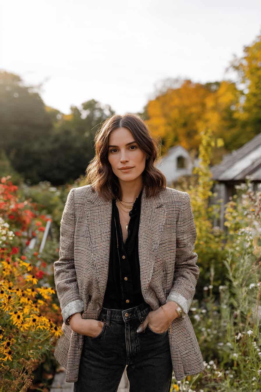 Frau trägt Karomuster-Blazer und dunkle Jeans bei herbstlicher Gartenparty