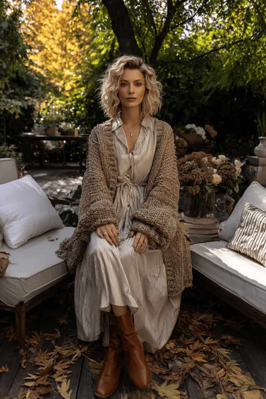 Frau im herbstlichen Garten trägt eine kuschelige Strickjacke über einer gestreiften Tunika mit Stiefeln