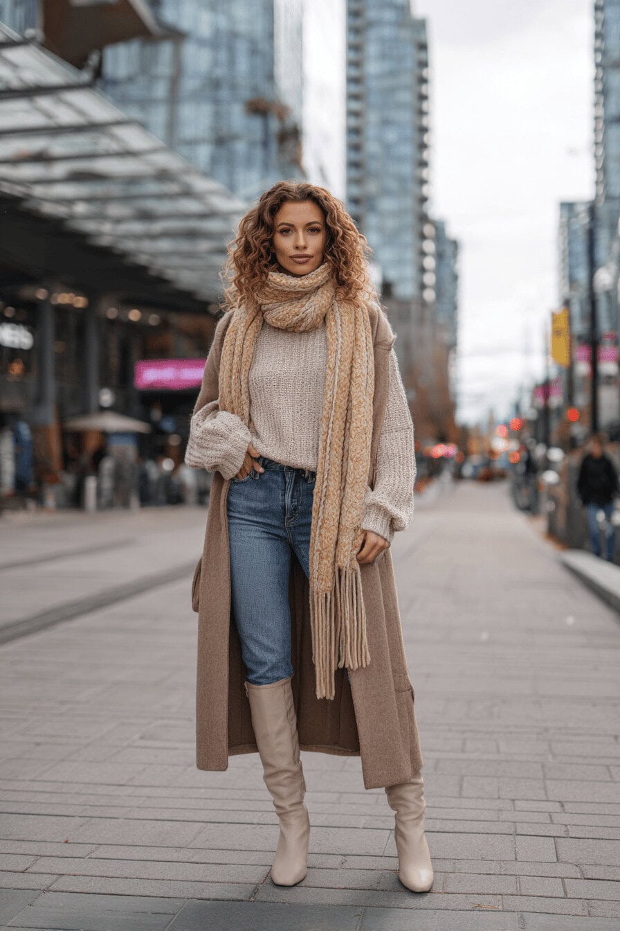 Frau mit lockigen Haaren trägt Winteroutfit aus Mantel, Strickpullover, Schal und Stiefeln in der Stadt