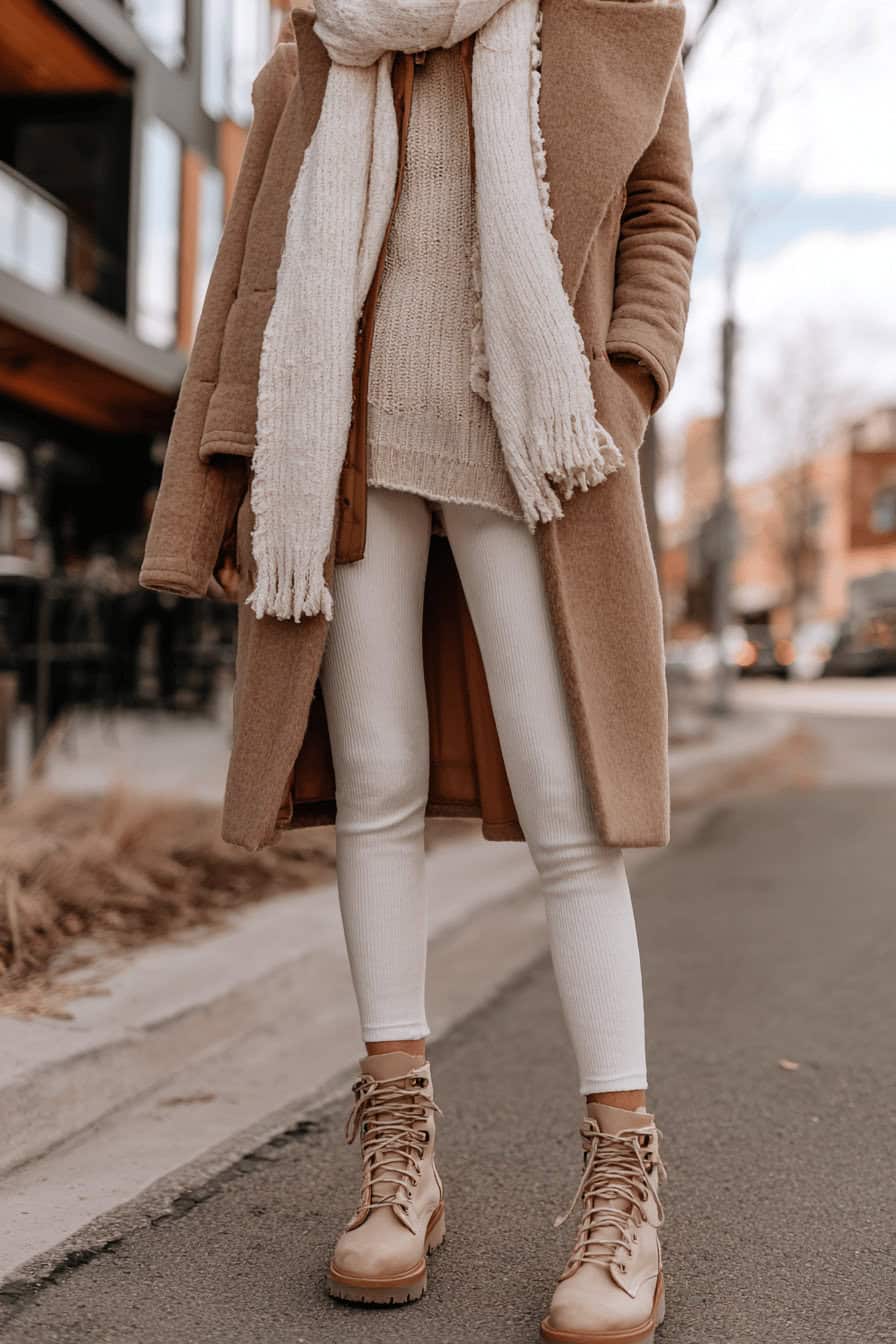 Frau in hellem Winteroutfit mit Camel-Mantel, Strickpullover, weißer Leggings und beigen Boots auf einer Straße
