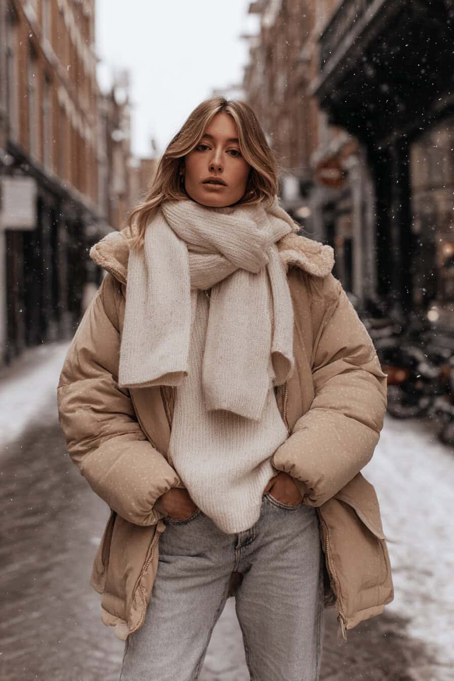 Junge Frau im beigen Winteroutfit mit dicker Daunenjacke, Schal und Jeans auf verschneiter Stadtstraße