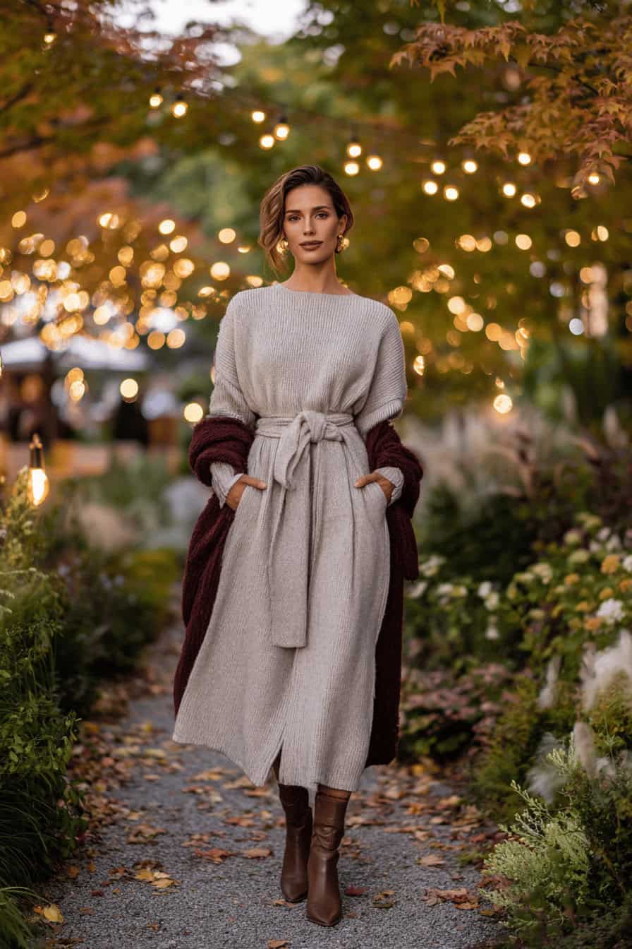 Frau im beigen Strick-Midi-Kleid mit Taillengürtel und braunen Stiefeletten bei einer herbstlichen Gartenparty