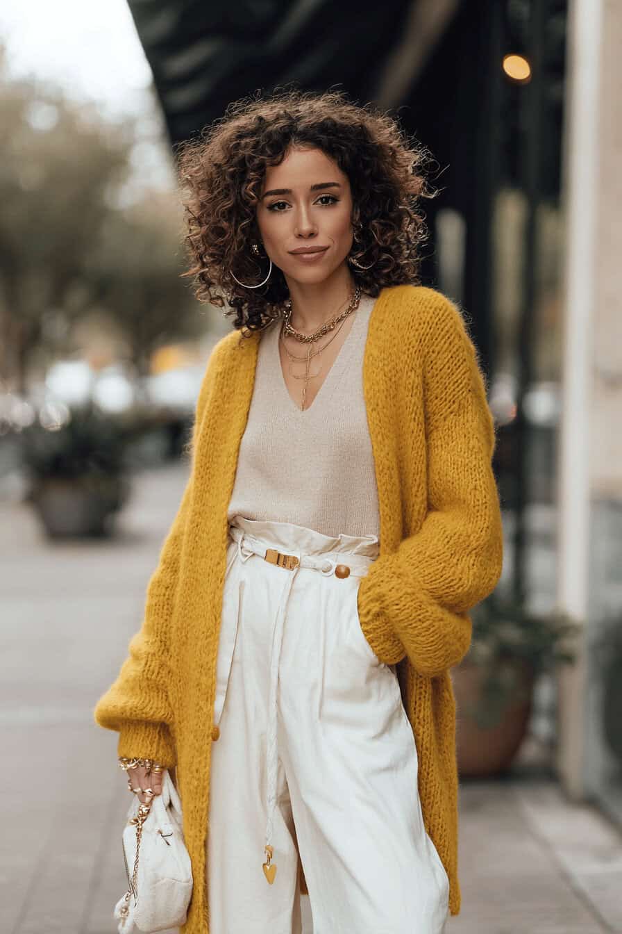 Modefrau mit gelbem Strickcardigan und heller Hose auf der Straße