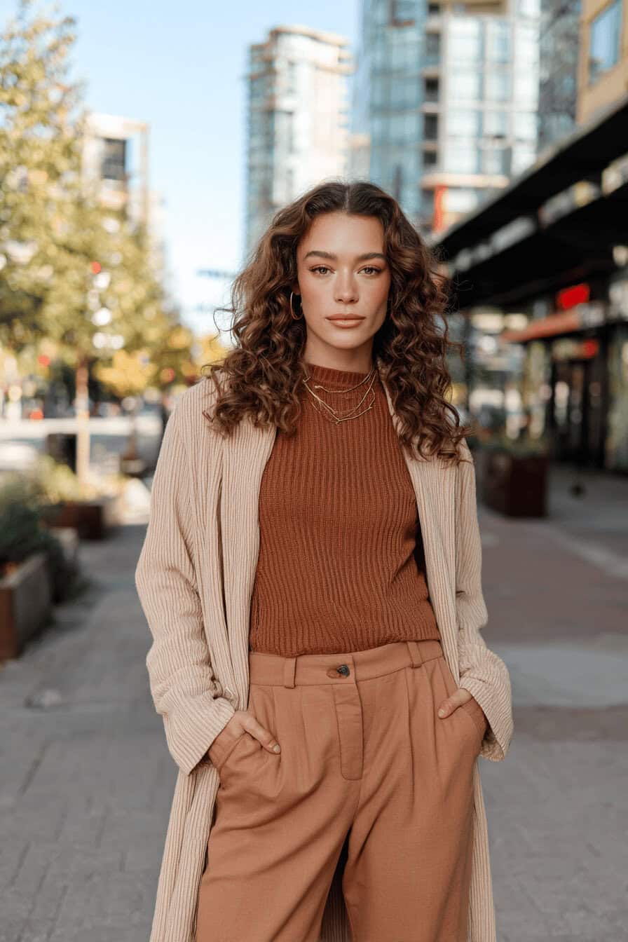 Frau im herbstlichen Outfit in Mocha- und Beigetönen auf einem städtischen Gehweg