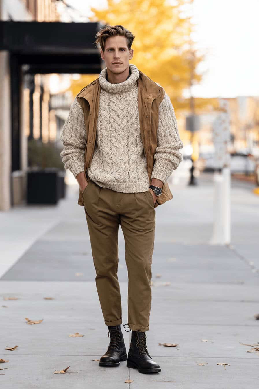 Mann in beigem Strickpullover, brauner Chinohose und schwarzen Chelsea Boots auf herbstlicher Straße