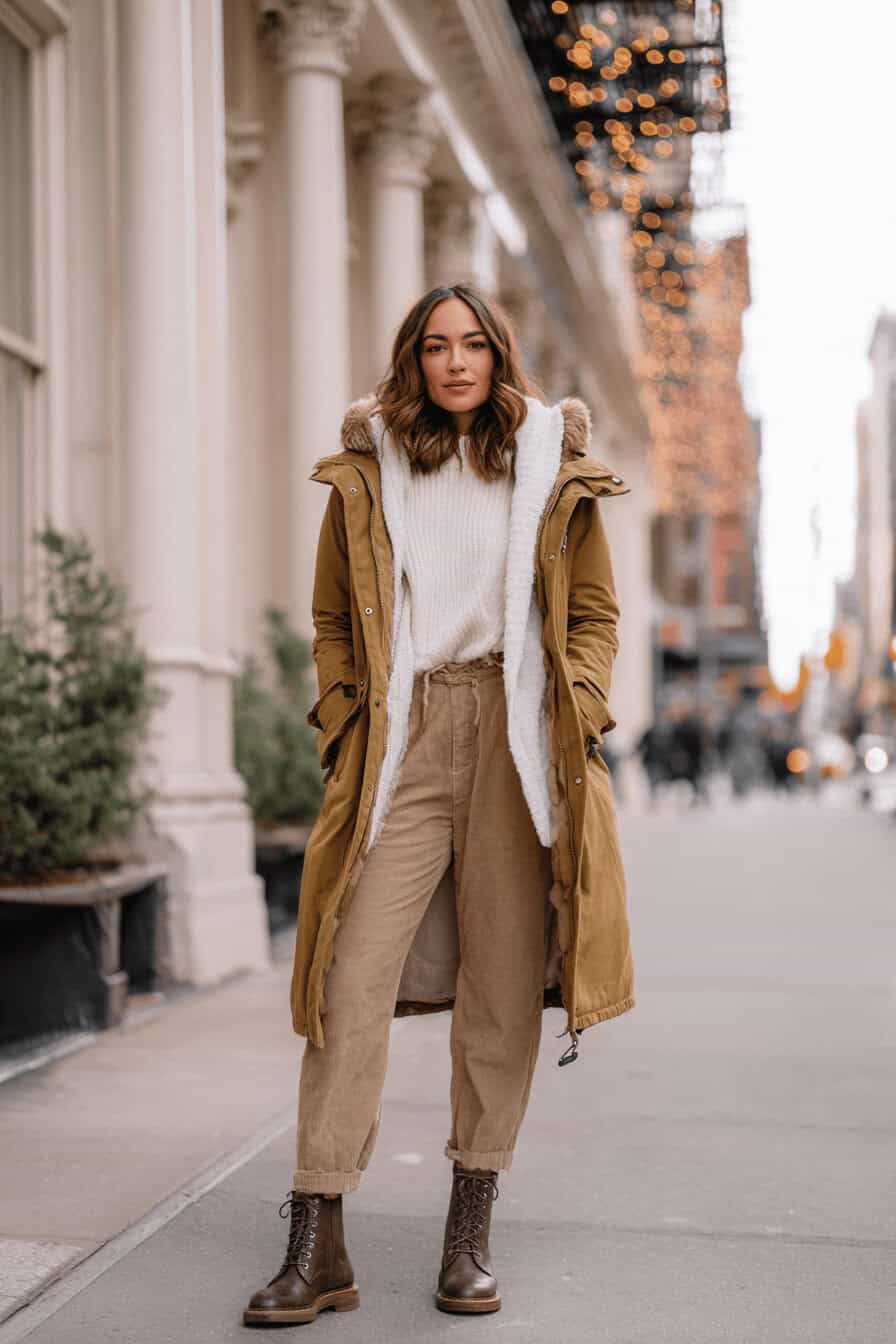 Frau im winterlichen Outfit mit braunem Parka, Strickpulli, Cordhose und Chelsea Boots auf städtischer Straße