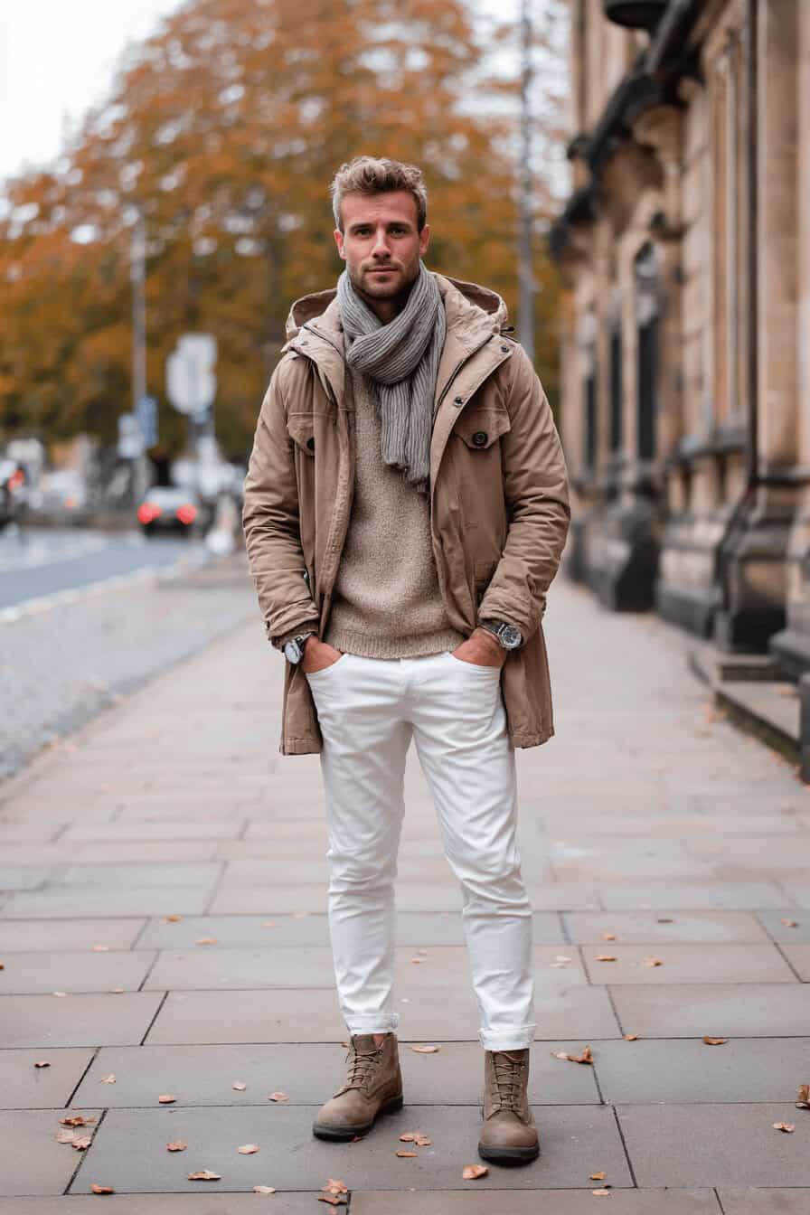 Mann in beigefarbenem Parka, Strickpullover, Schal, weißer Chinohose und Boots auf herbstlicher Straße