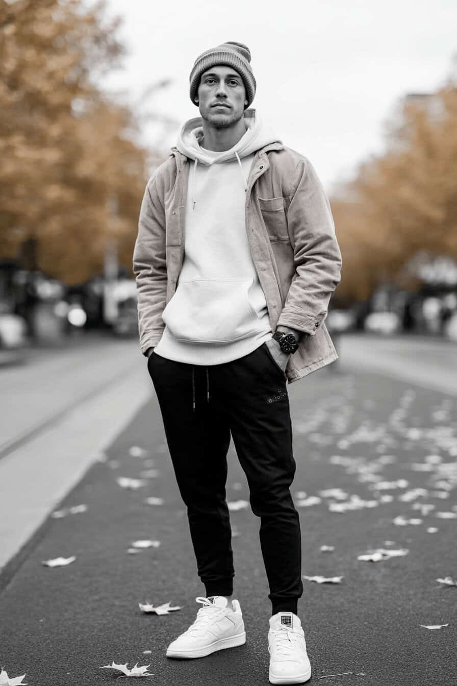 Mann in weißem Hoodie, beige Jacke und dunkler Jogginghose auf herbstlicher Straße