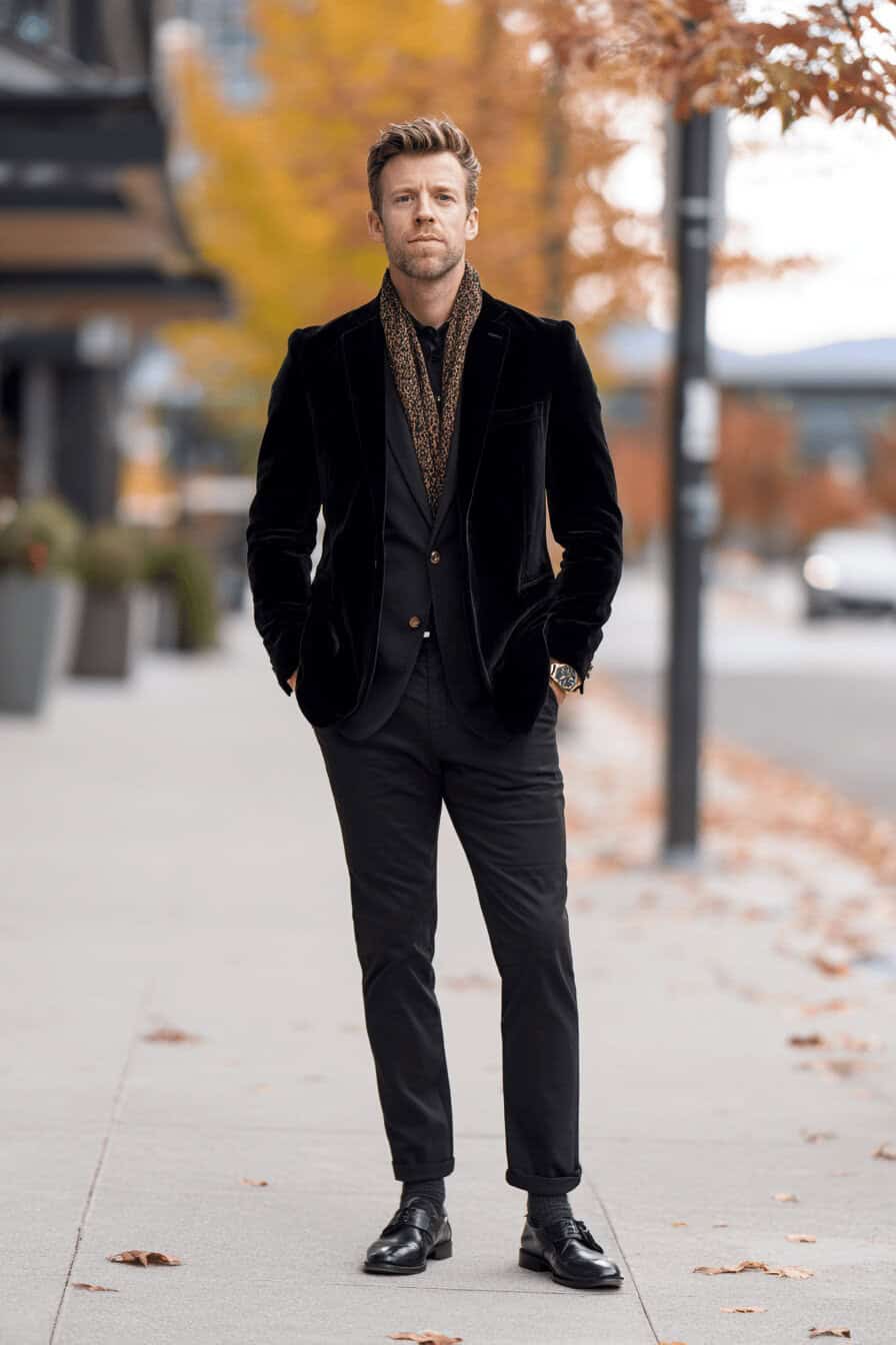 Mann im schwarzen Samt-Blazer, schwarzer Hose und Dress Shoes auf herbstlicher Straße