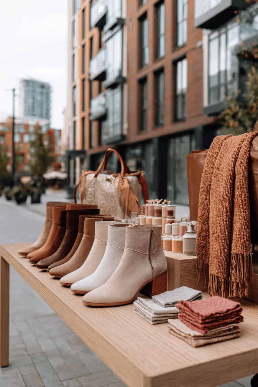 Stilvoll präsentierte Herbstschuhe in sanften Naturtönen auf einem Holztisch in urbaner Umgebung.
