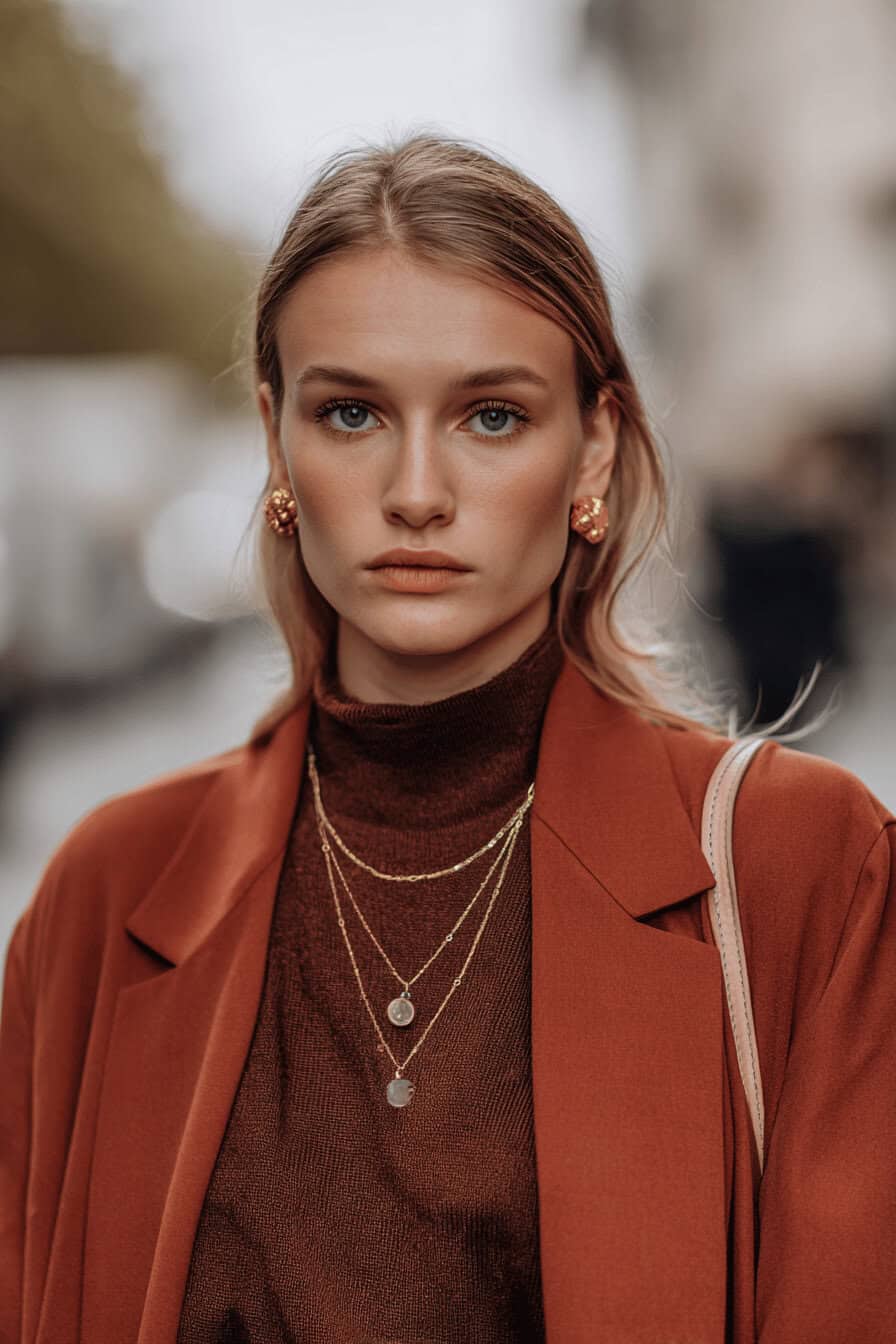 Frau in herbstlicher Mode mit rostrotem Mantel und braunem Rollkragenpullover
