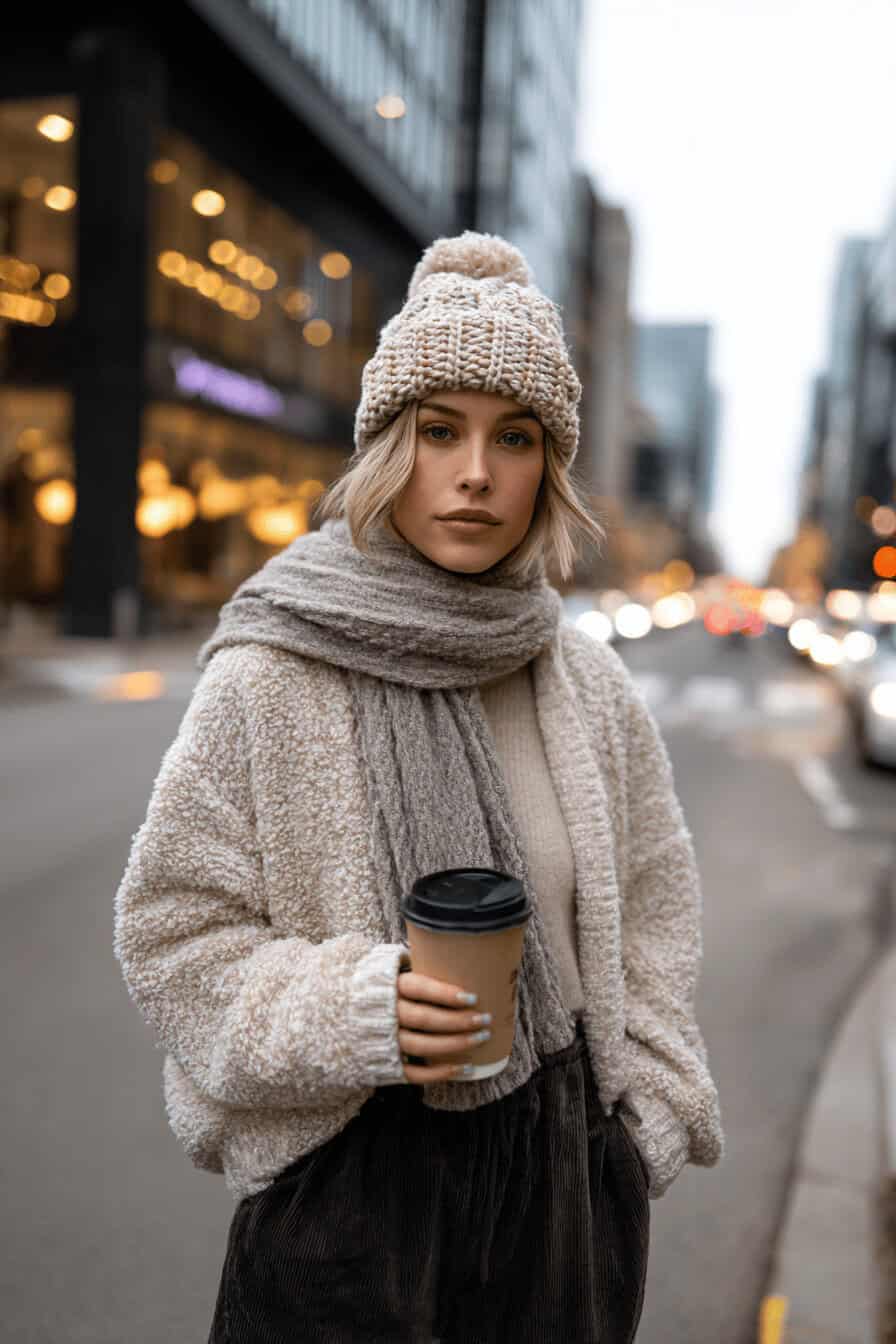 Frau mit Teddy-Mütze, Kuscheljacke und Coffee-to-go auf winterlicher Stadtstraße