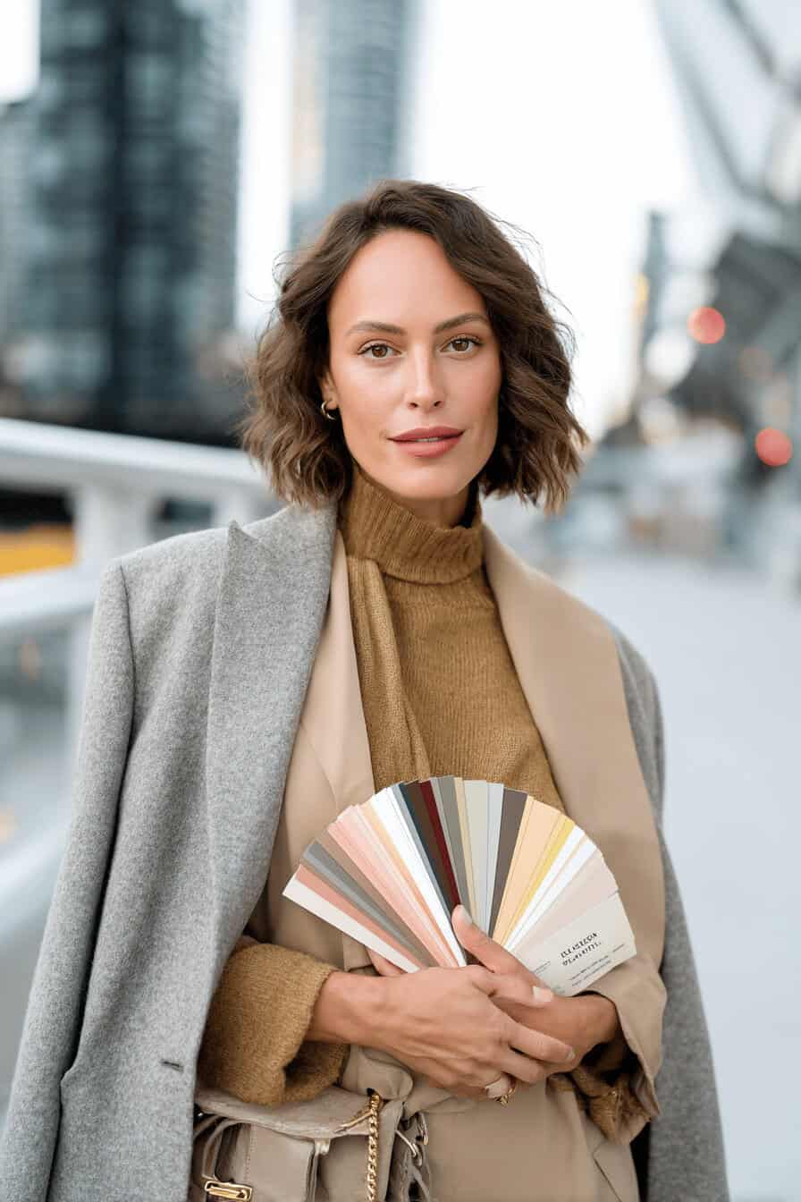 Frau im Business-Outfit hält Farbfächer mit Trendfarben vor urbaner Kulisse
