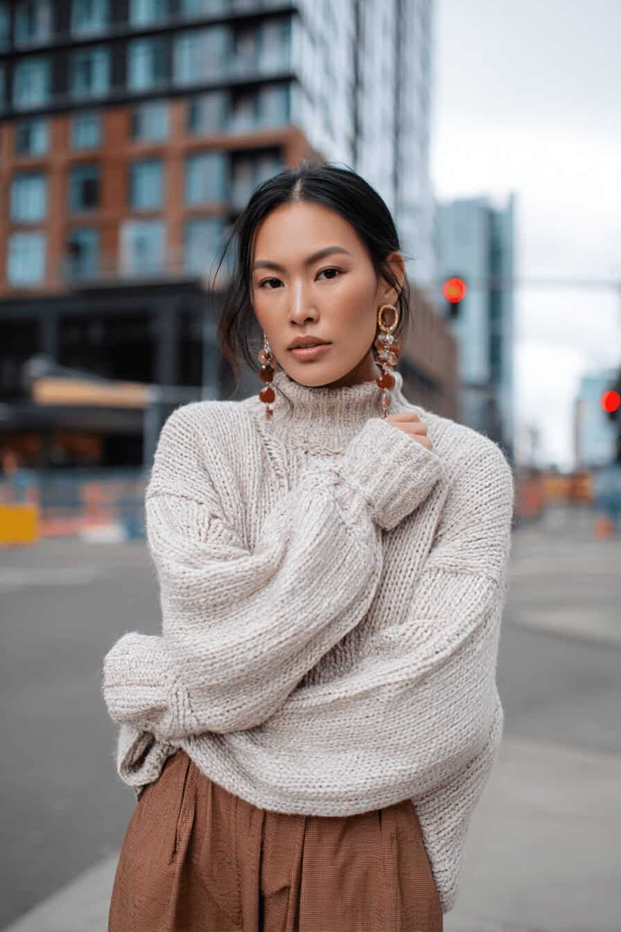 Frau in beigem Strickpullover und braunem Rock vor urbaner Kulisse