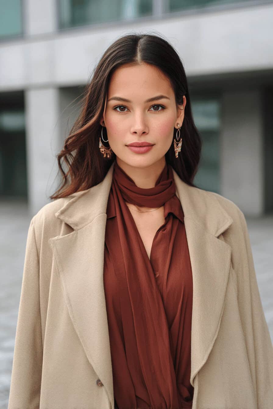 Frau mit elegantem Outfit in Trendfarben des Herbstes 2025 – nougatfarbene Bluse und beigefarbener Mantel