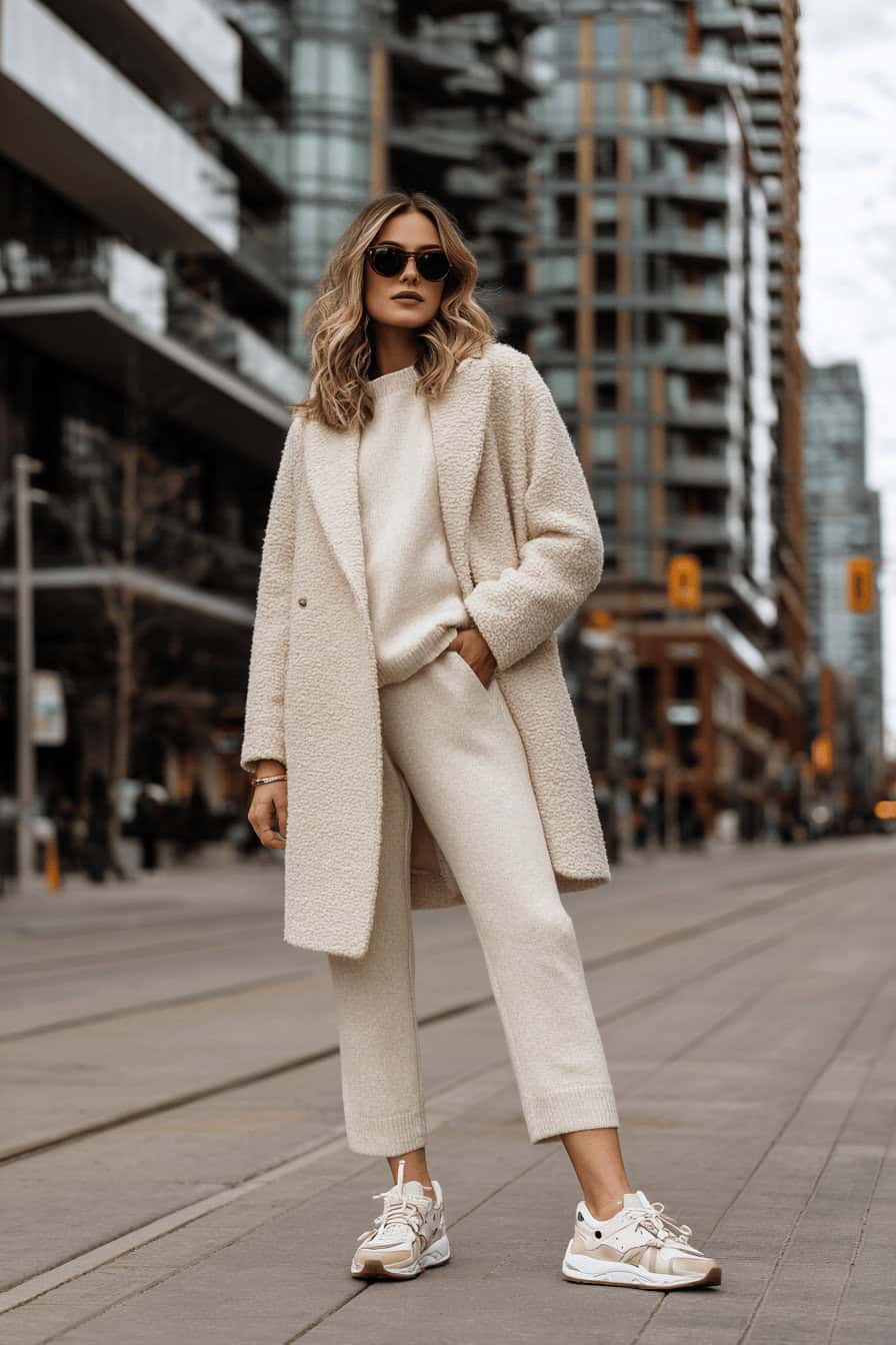 Frau im beigen Oversized-Blazer, Jogger und Sneakers auf städtischer Straße