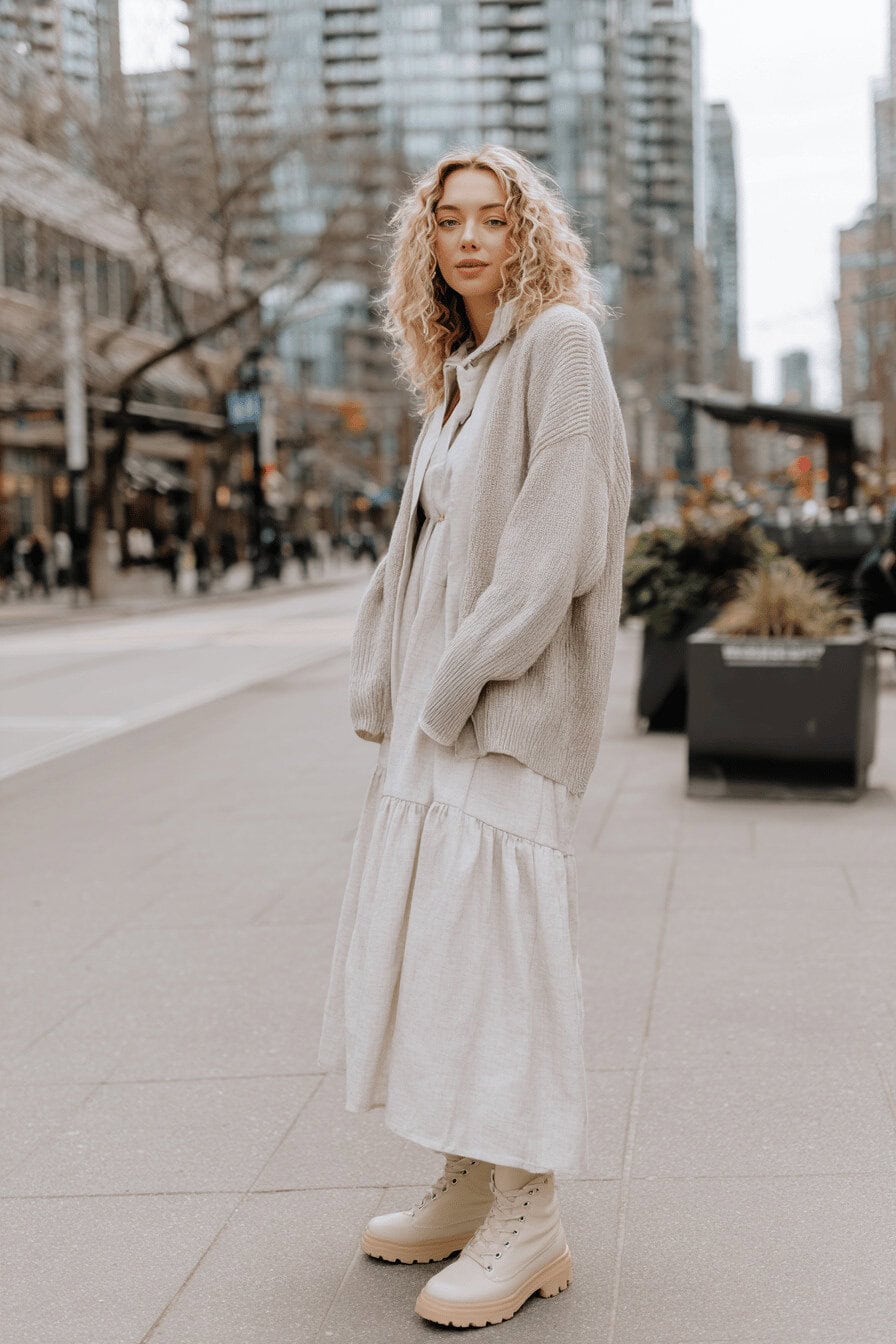Frau in hellem Winterkleid, Strickjacke und beigefarbenen Boots auf einer Stadtstraße im Winter
