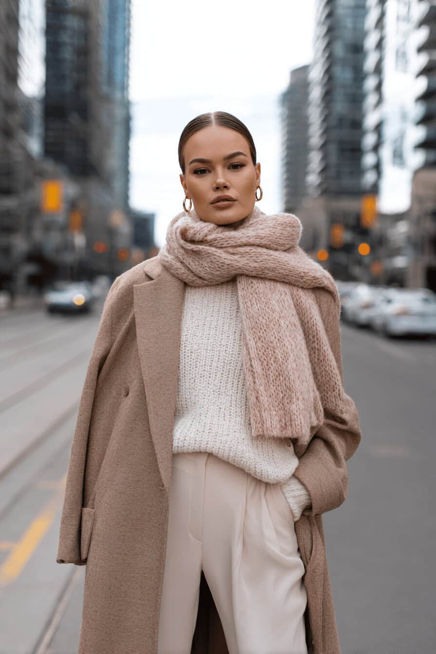 Frau in hellem Winteroutfit mit Mantel, Schal und Strickpullover in urbaner Umgebung