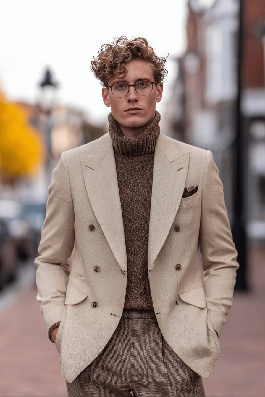 Mann mit beigefarbenem Zweireiher-Blazer, braunem Strickpullover und karierten Anzughosen in herbstlicher Stadtumgebung