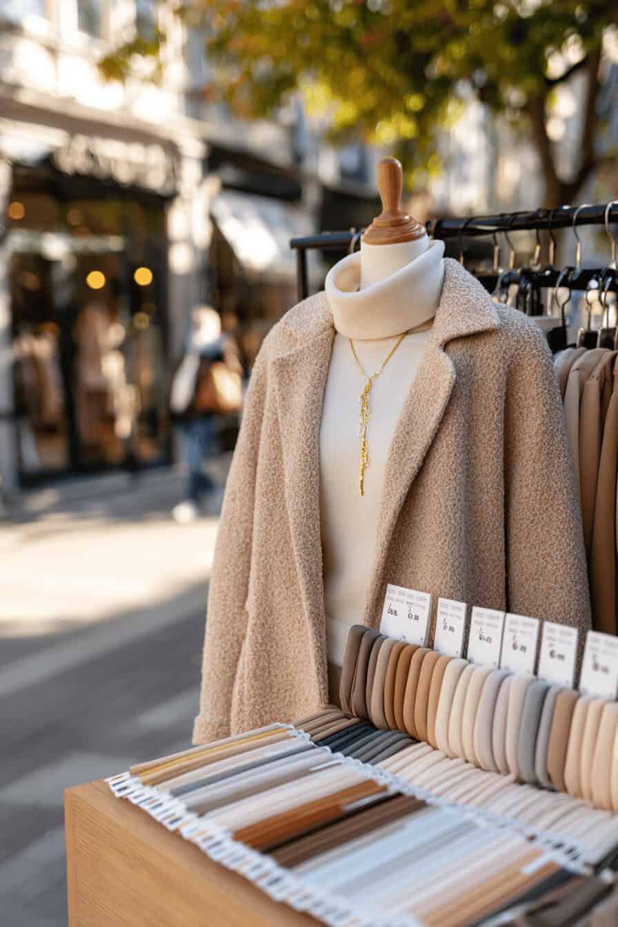 Beigefarbener Mantel auf einer Schaufensterpuppe mit Stoffmustern in Trendfarben für Herbst 2025