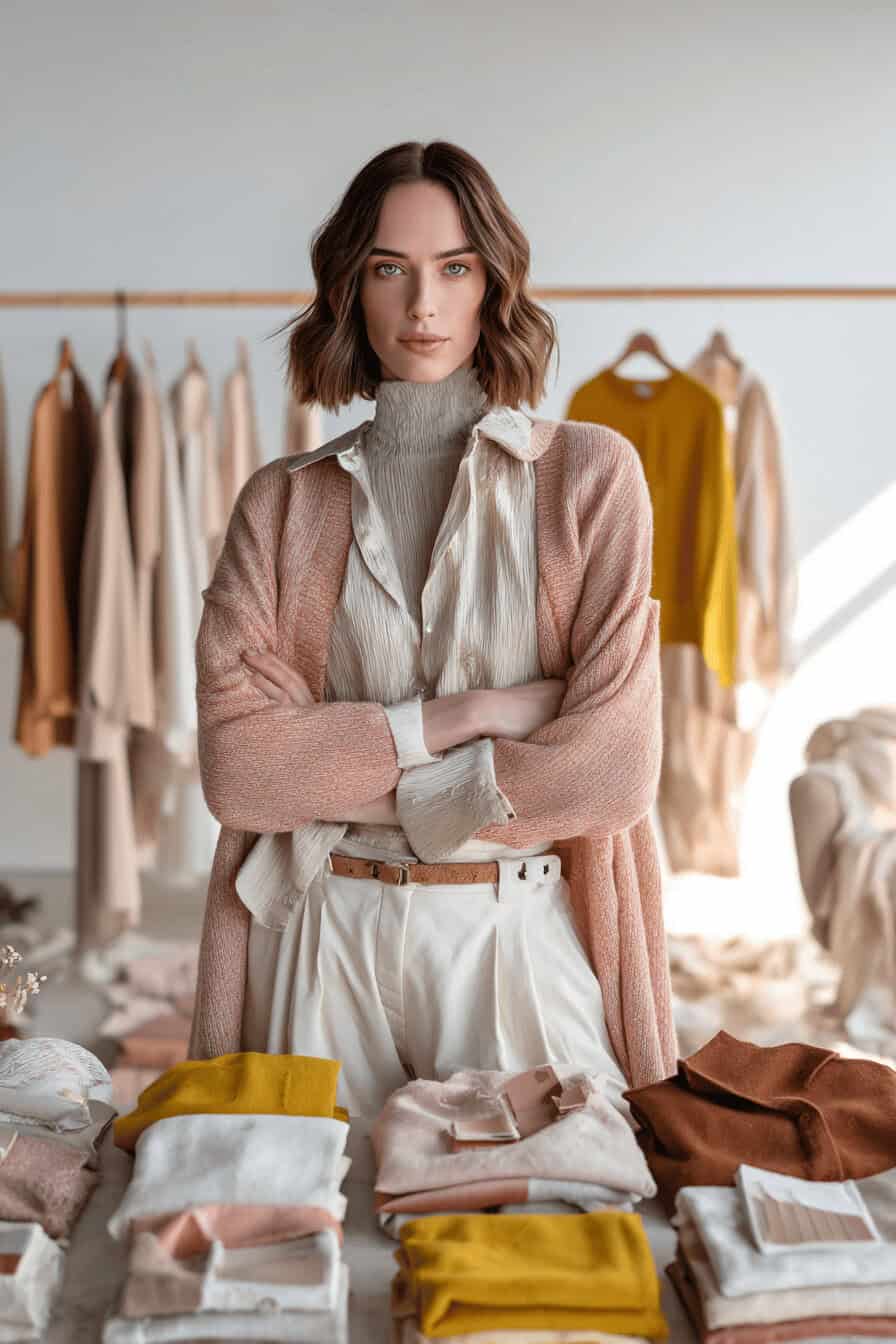 Frau in herbstlichem Outfit mit gefalteter Kleidung in Trendfarben des Jahres 2025 vor Kleiderstange