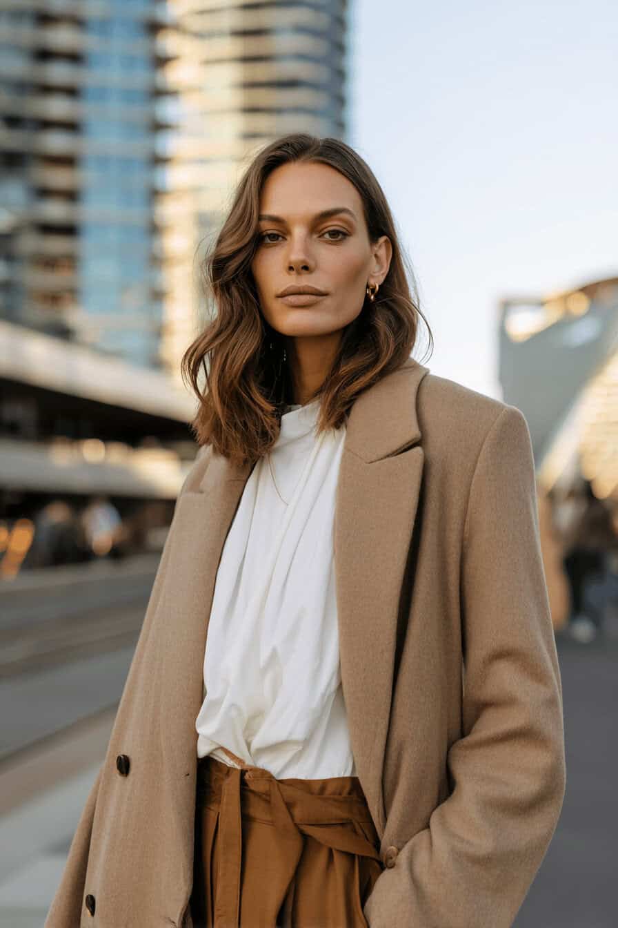 Frau in beiger Herbstmode mit weißer Bluse und heller Hose in urbanem Umfeld
