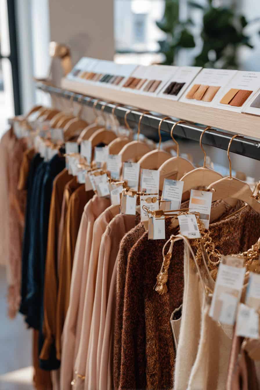 Kleider und Röcke in herbstlichen Trendfarben 2025 auf Holzkleiderbügeln in einem Modegeschäft