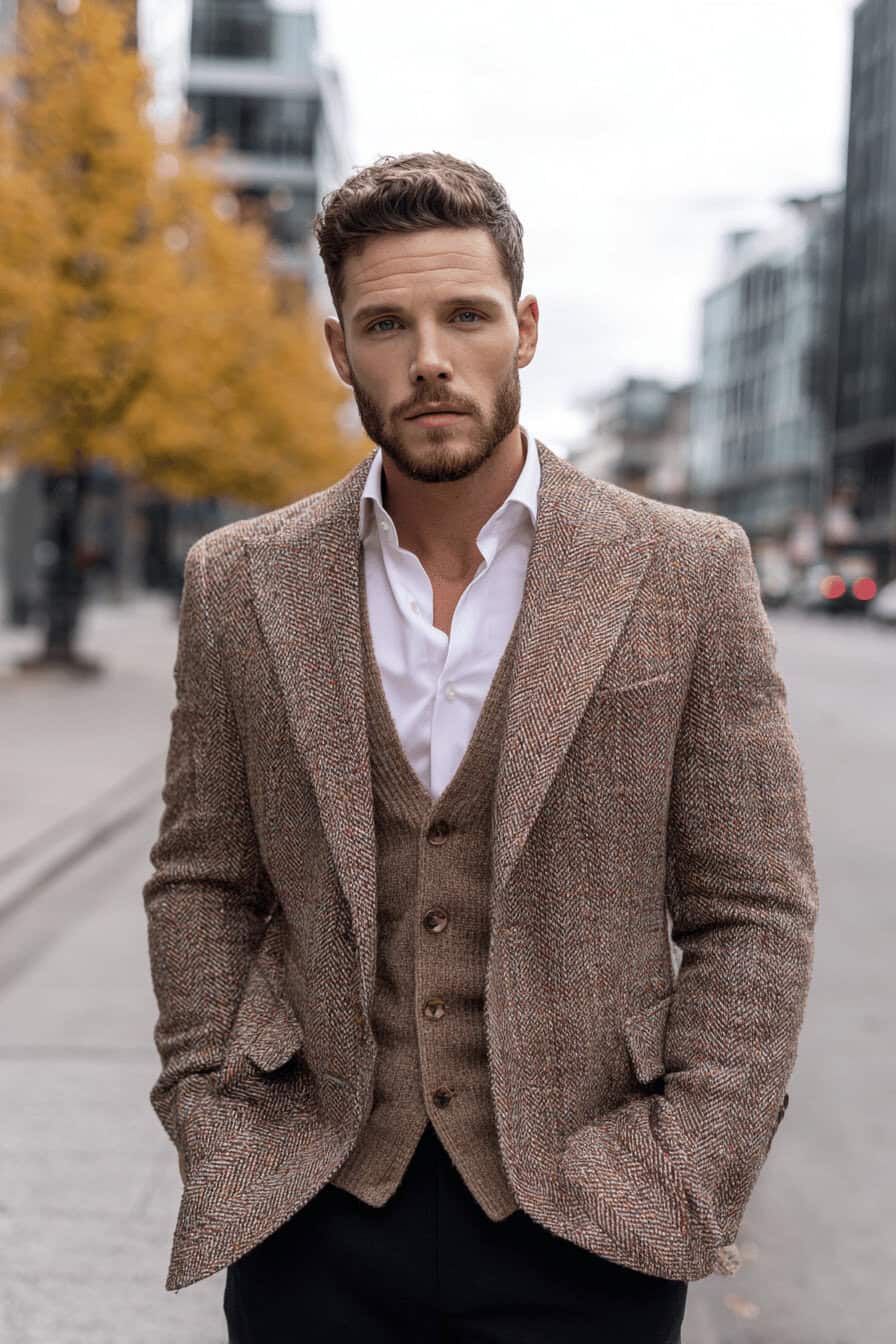 Mann in braunem Tweed-Sakko mit Strickweste und weißem Hemd auf herbstlicher Straße