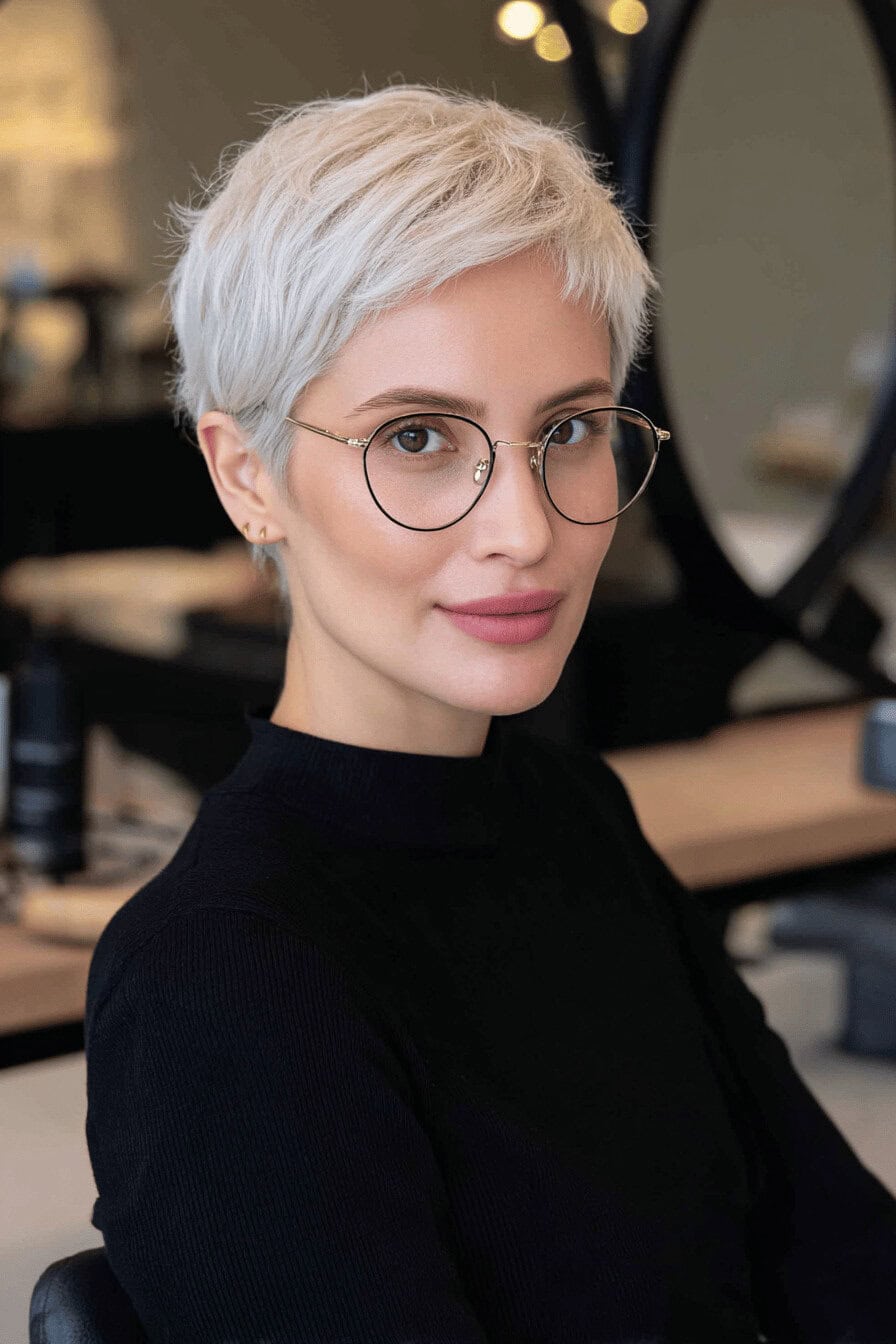 Dame mit grauer Kurzhaarfrisur und Brille, sitzt in einem modernen Raum.