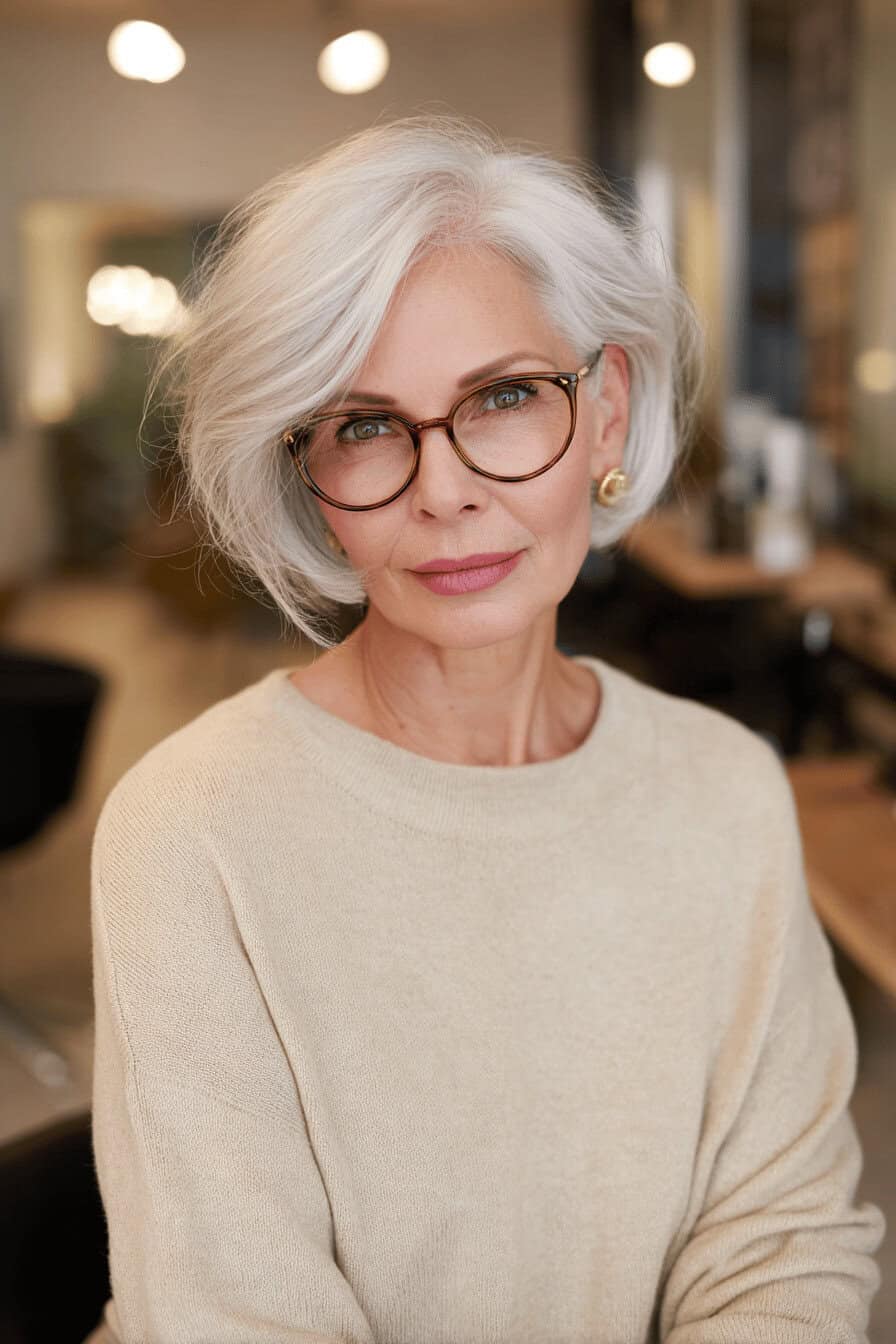 Elegante ältere Frau mit weißem, stufigem Bob und Brille im Salon