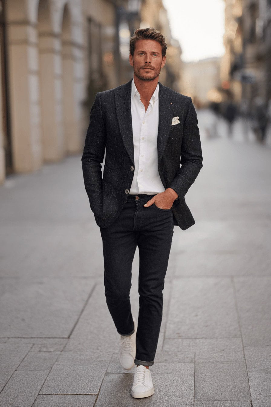 Mann trägt elegantes Herbst-Outfit mit Sakko, weißem Hemd, dunkler Jeans und weißen Sneakern