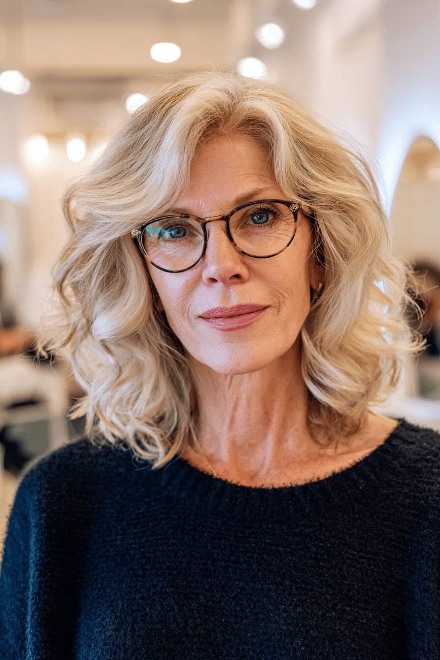 Frau mit mittellangem, welligem Haar und Brille