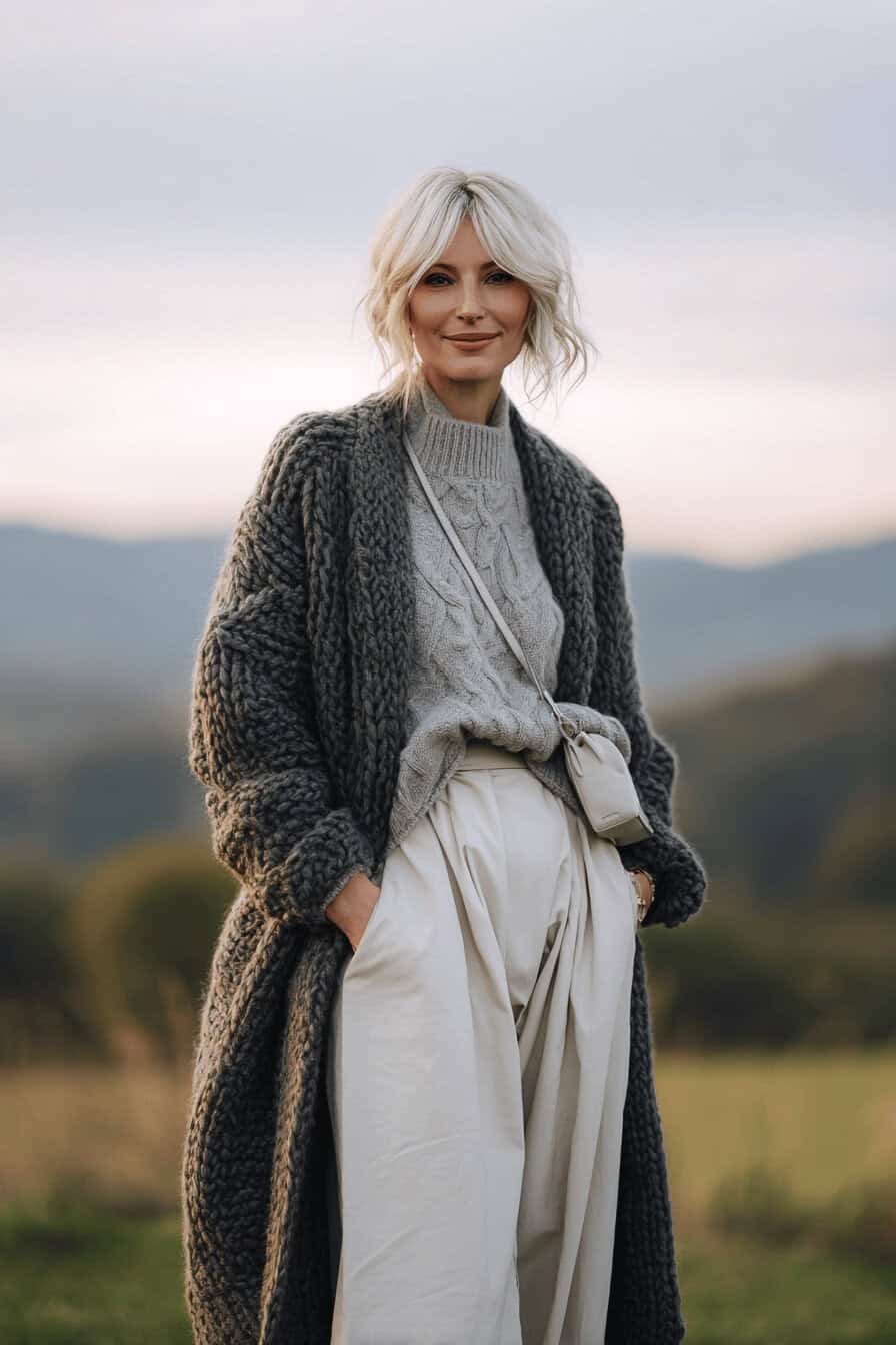 Frau im Herbstlook mit Wickelrock und grobem Strickcardigan vor Landschaft