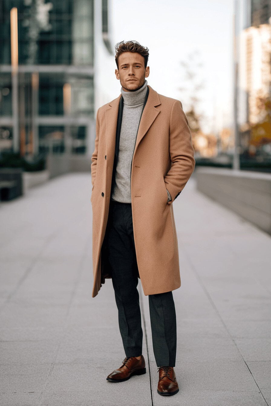 Mann in elegantem Herbst-Outfit mit beigem Wollmantel und grauem Rollkragenpullover
