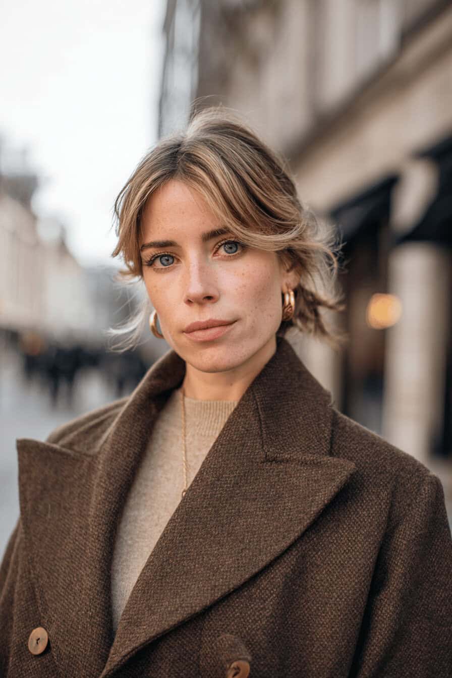 Frau mit braunem Wollmantel und beigem Pullover in herbstlicher Straße