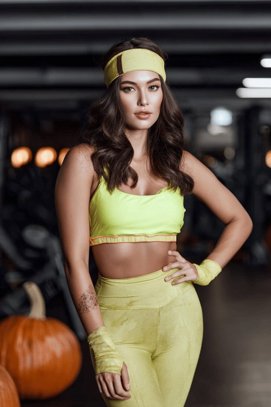 Frau im 80er-Jahre-Fitnesskostüm mit Halloween-Make-up im Fitnessstudio neben Kürbissen