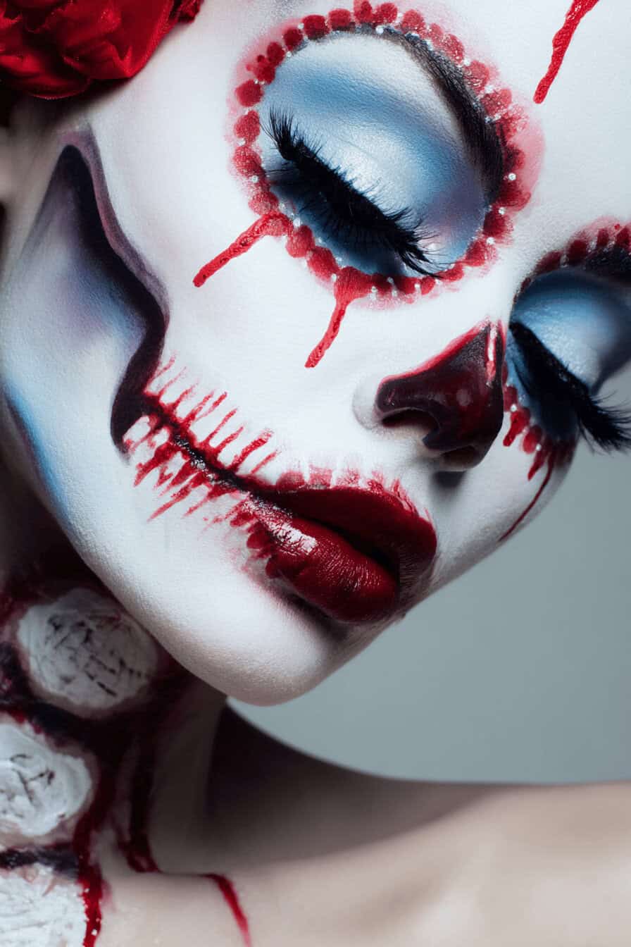 Frau mit kunstvollem Skelett-Make-up in Rot, Weiß und Blau