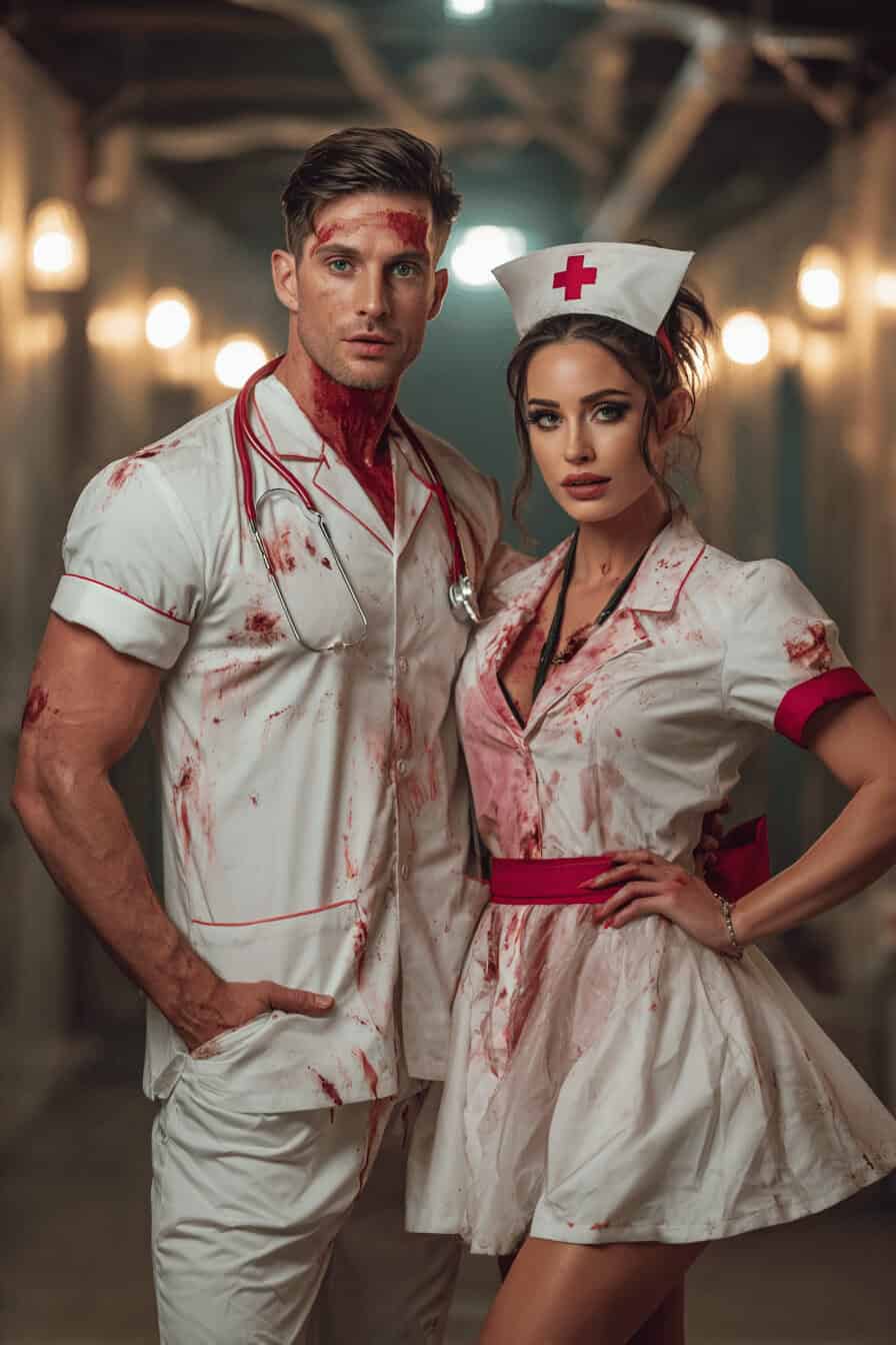 Blutverschmiertes Paar im Arzt- und Krankenschwester-Kostüm zu Halloween